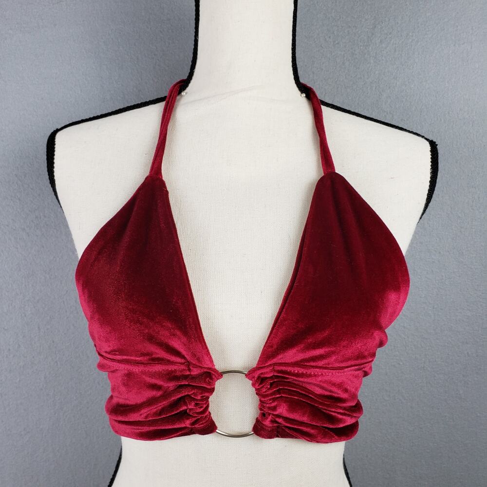 Tie Backless O-Ring Ruched Velvet Halter Crop Top Burgundy Red Cyber Goth Size M